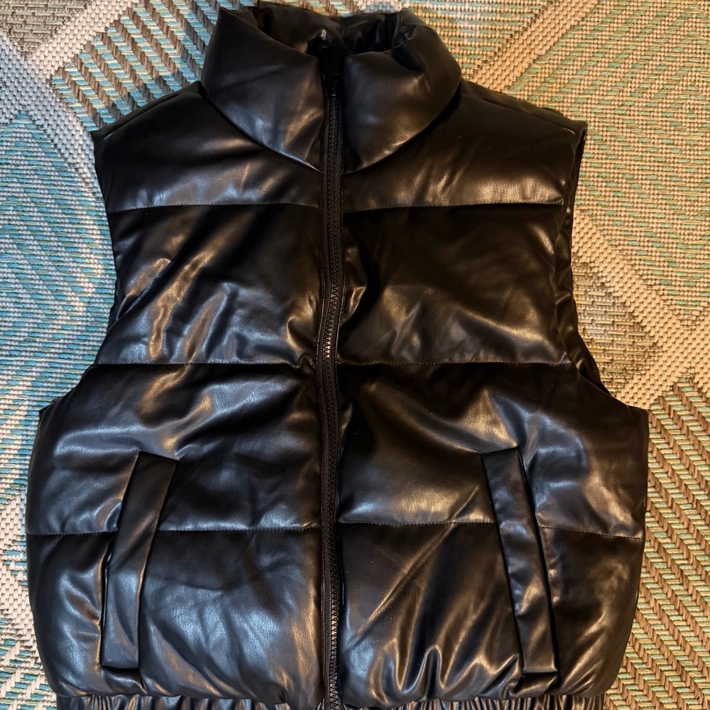 Women's Black Faux Leather Puffer Vest